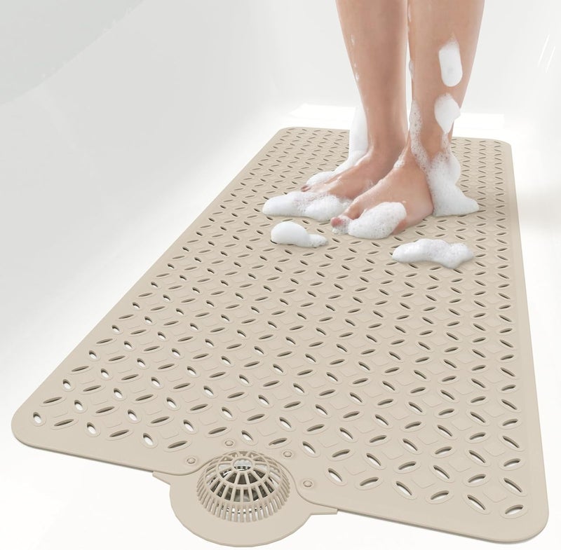 OTHWAY Bath Mat for Tub Non Slip: 39" X 17" Long Bathtub Mat with Hair Catcher│Big Drain Holes Shower Mats for Inside Shower│Machine Washable (Brown) - Image 1